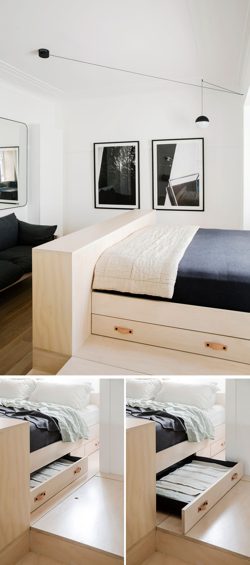 Under this modern bed platform, there are multiple pull-out drawers for housing additional bedding and pillows.