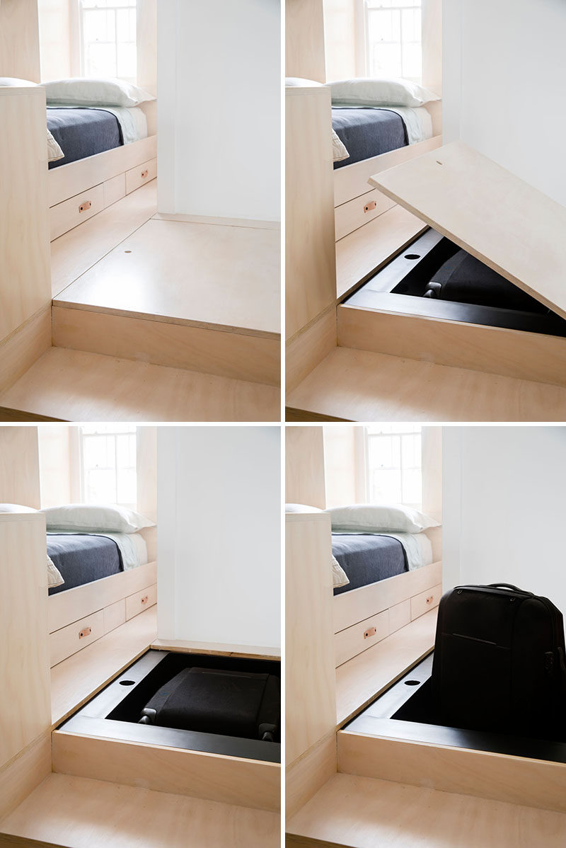 In this modern bed platform, there's hidden storage in the steps, perfect for a small suitcase.