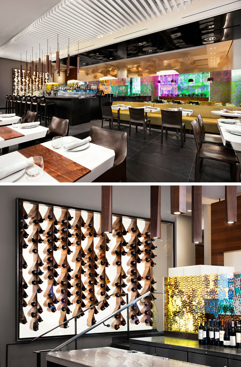 This renovated restaurant in Toronto, features a unique custom designed wine display made from leather that cradles the bottles of wine. It is also back lit and framed behind a glass wall, making it more like a piece of artwork than a storage solution.