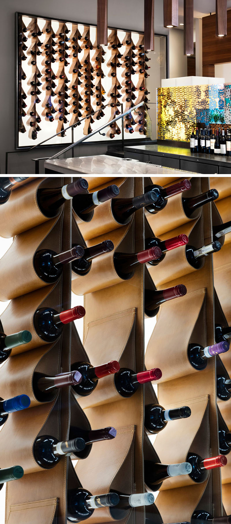 This renovated restaurant in Toronto, features a unique custom designed wine display made from leather that cradles the bottles of wine. It is also back lit and framed behind a glass wall, making it more like a piece of artwork than a storage solution.