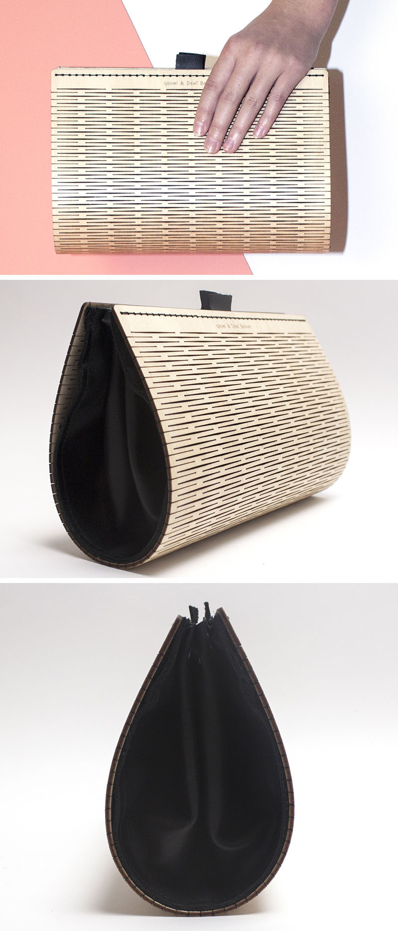This fashionable women's clutch named PLAAT, has an exterior made from wood that's been laser cut, while the interior is made from a black leather. The clutch is also designed so that it can become a handbag or a shoulder bag too.