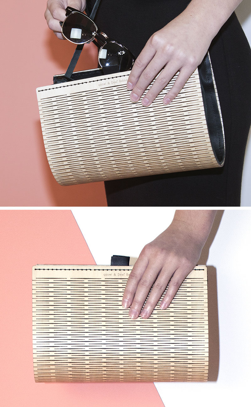 This fashionable women's clutch named PLAAT, has an exterior made from wood that's been laser cut, while the interior is made from a black leather. The clutch is also designed so that it can become a handbag or a shoulder bag too.