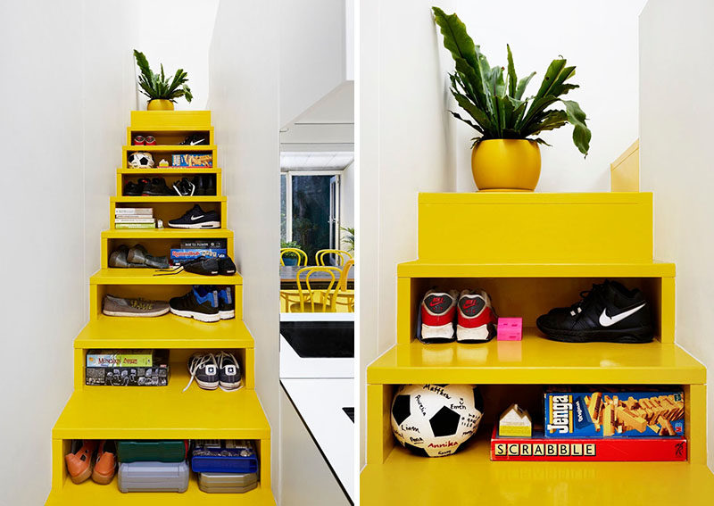 These bright yellow stairs with storage have been designed with open fronts instead of drawers, so you can easily see what is being stored.