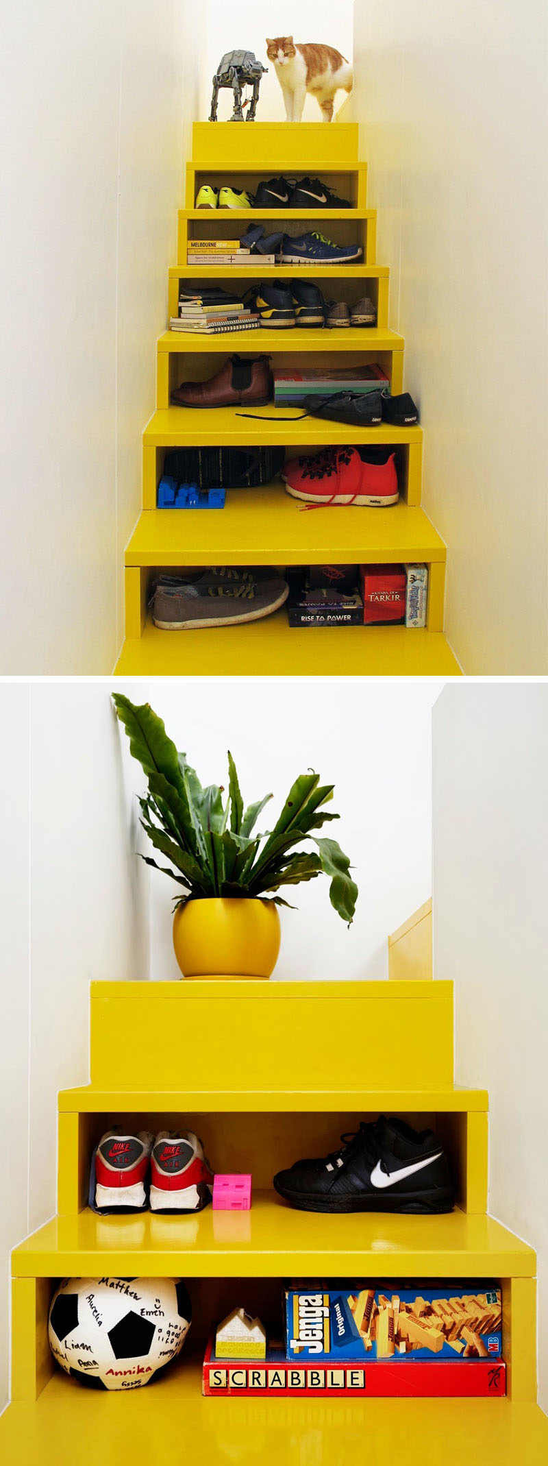 These bright yellow stairs with storage have been designed with open fronts instead of drawers, so you can easily see what is being stored.