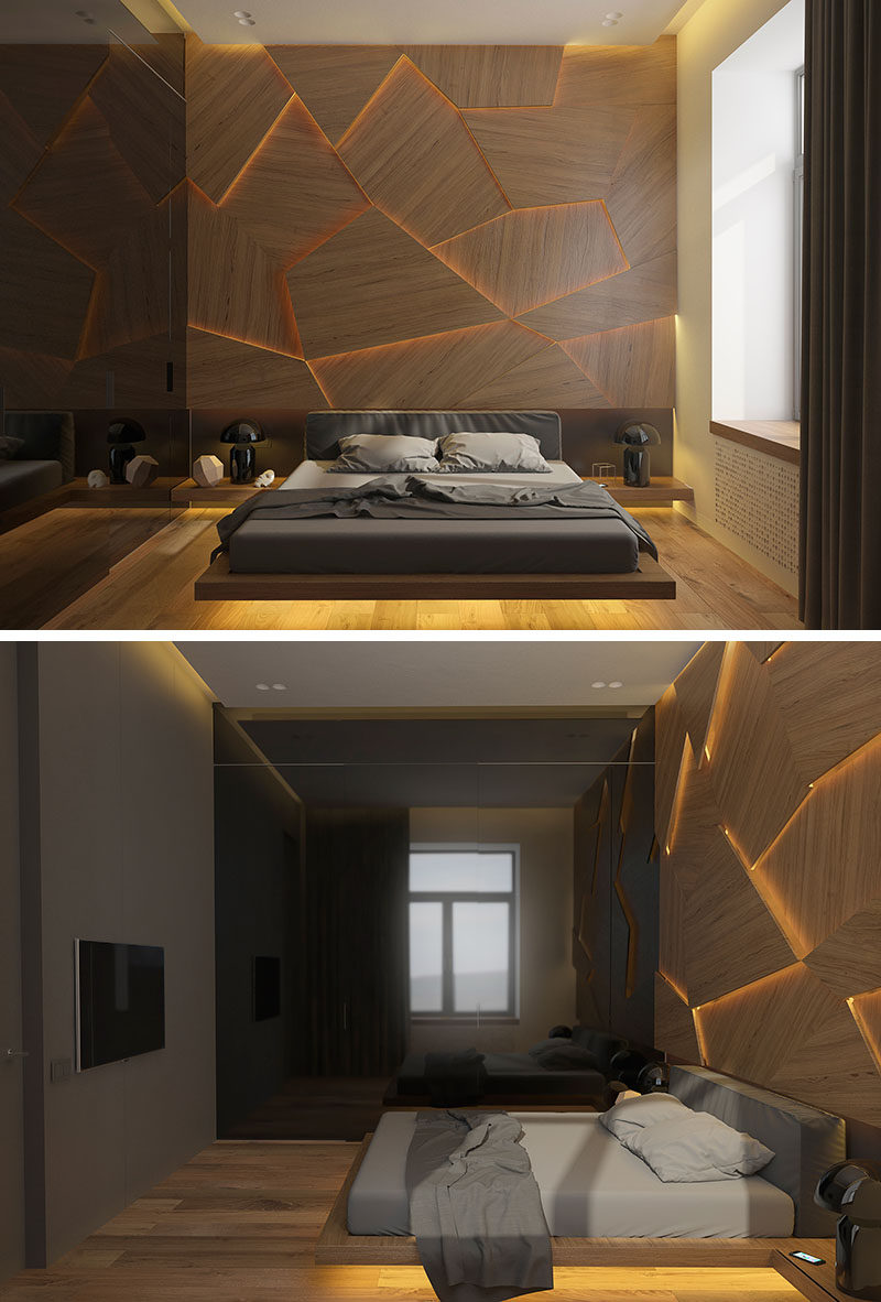Archiplastica designed a bedroom concept that features a unique accent wall made from geometric wood panels and hidden LED lighting.