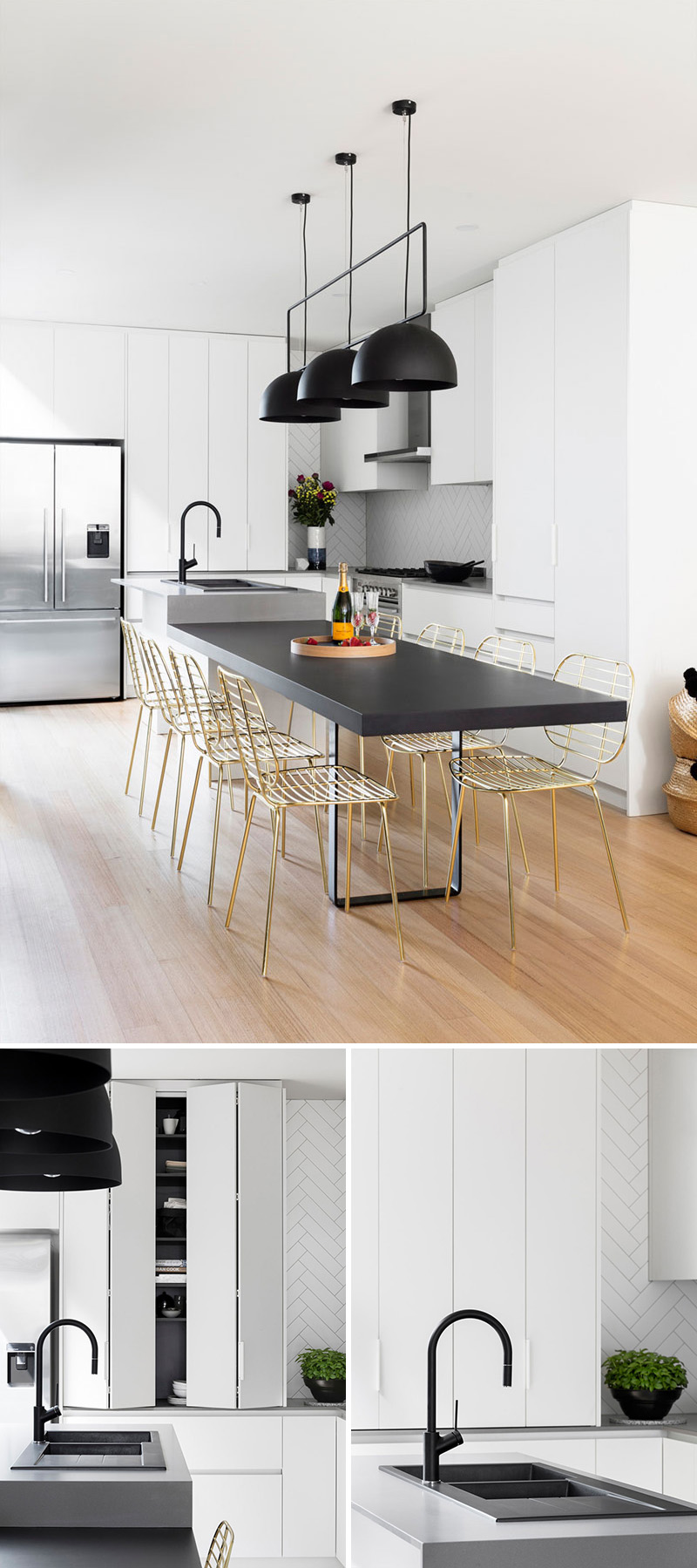 In this modern kitchen, white cabinets brighten the room, the matte black lighting and counters make it feel unique and sophisticated. The black light fixture above the kitchen table ties together the other black elements, like the sink, table, and stovetop..