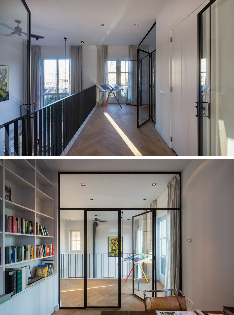 This modern house has a home office that can be entered through a set of glass double doors, which allow for as much light to enter the room as possible. White built-in bookshelves and storage keep the room organized.