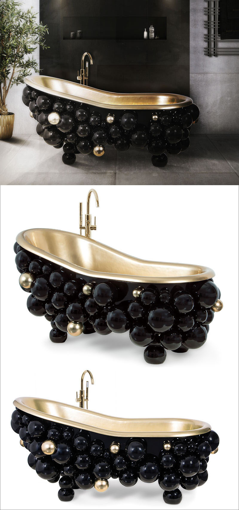 Designer Joaquim Paulo has designed the Newton Collection for Maison Valentina, that includes a bathtub and washbasins that have a black bubbly exterior and a rich gold interior.