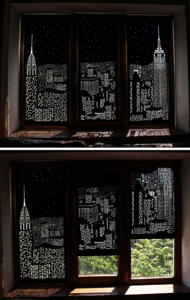 Ukrainian design company, HoleRoll have developed a collection of roller blinds that black out daylight and provide an artistic city skyline view.