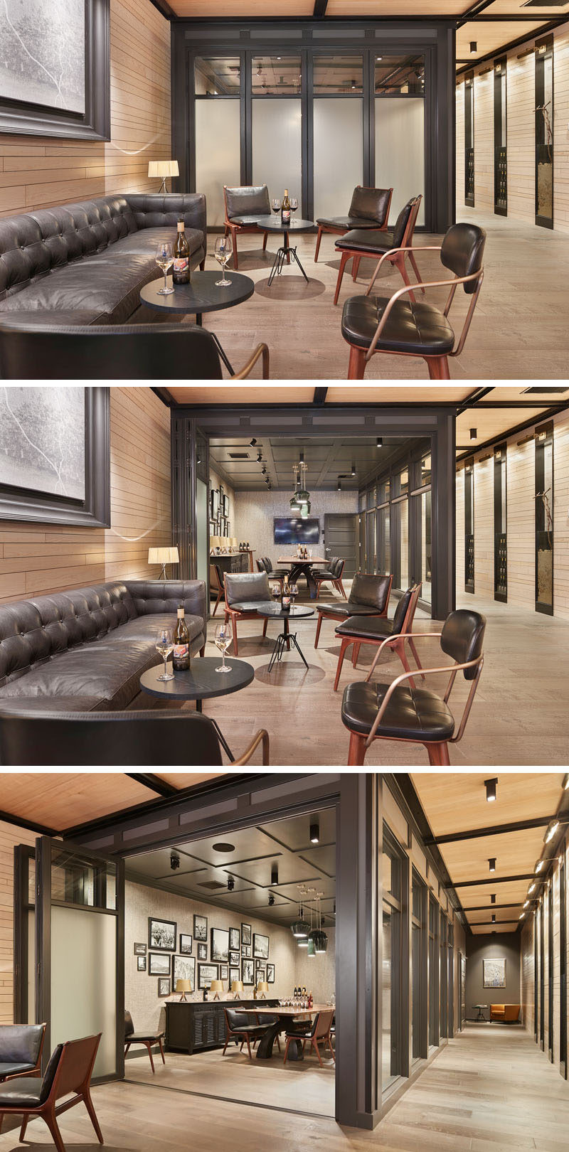 An intimate private tasting and dining area in this wine tasting bar has been created through the use of folding walls. Once opened the folding walls can also elongate the space as a whole. The dark furniture and black ceiling defines the space and emphasizes the hues of the natural fir ceilings, whitewashed pine walls and whitewashed oak flooring.