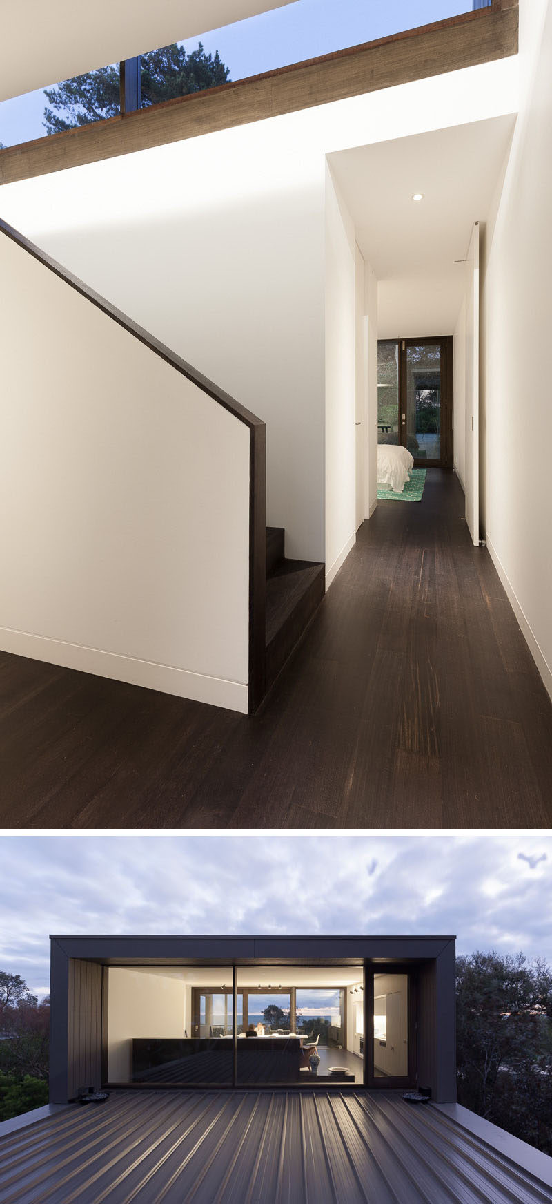Dark hardwood flooring is featured throughout this modern house contrasts the white walls. Heading upstairs, the common areas of the home are revealed. At the top of the stairs, there's the option of going into the living area, or accessing the roof through a glass door.