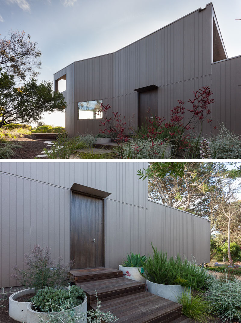 The entry to this modern house is subtle and organic, with the wood door being framed by cement pipe planters. The exterior of the home is covered in brown Australian hardwood architectural panels.