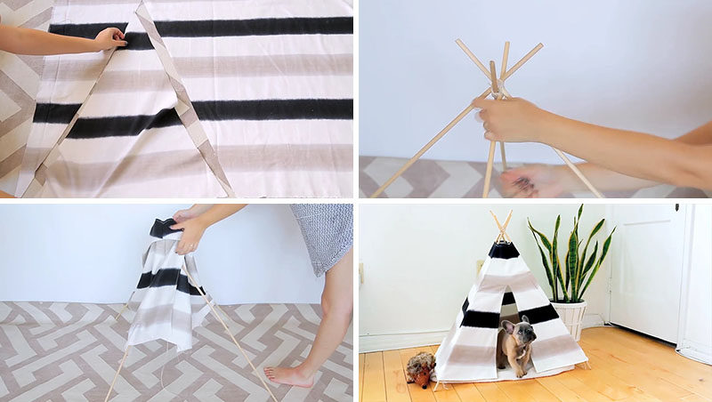 Here's a fun and inexpensive DIY Dog Tent that won't look out of place in your modern interior. Using very few materials like wood dowels and canvas, you can create your own modern dog bed (or cat bed) for your furry friend. #DogTent #HomeDecor #PetFurniture