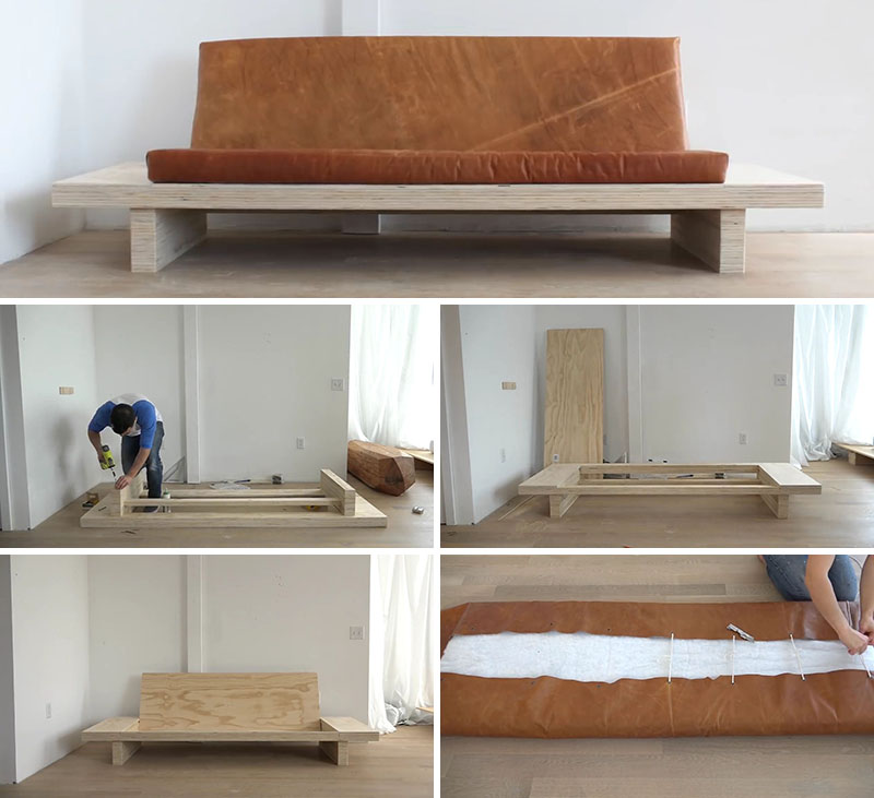 In this DIY tutorial you can learn how to build your own modern plywood couch with built-in side tables and an upholstered leather seat cushion. The instructions are detailed and comprehensive, with the finished product being a functional and easy to move modern sofa.