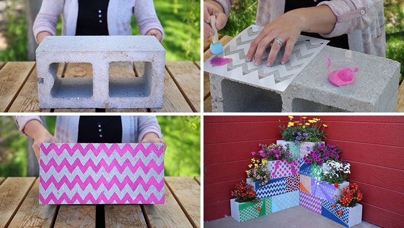 Make your own inexpensive, colorful, modern and fully customizable DIY outdoor planter perfect for succulents, using cinder blocks, stencils, paint and plants.
