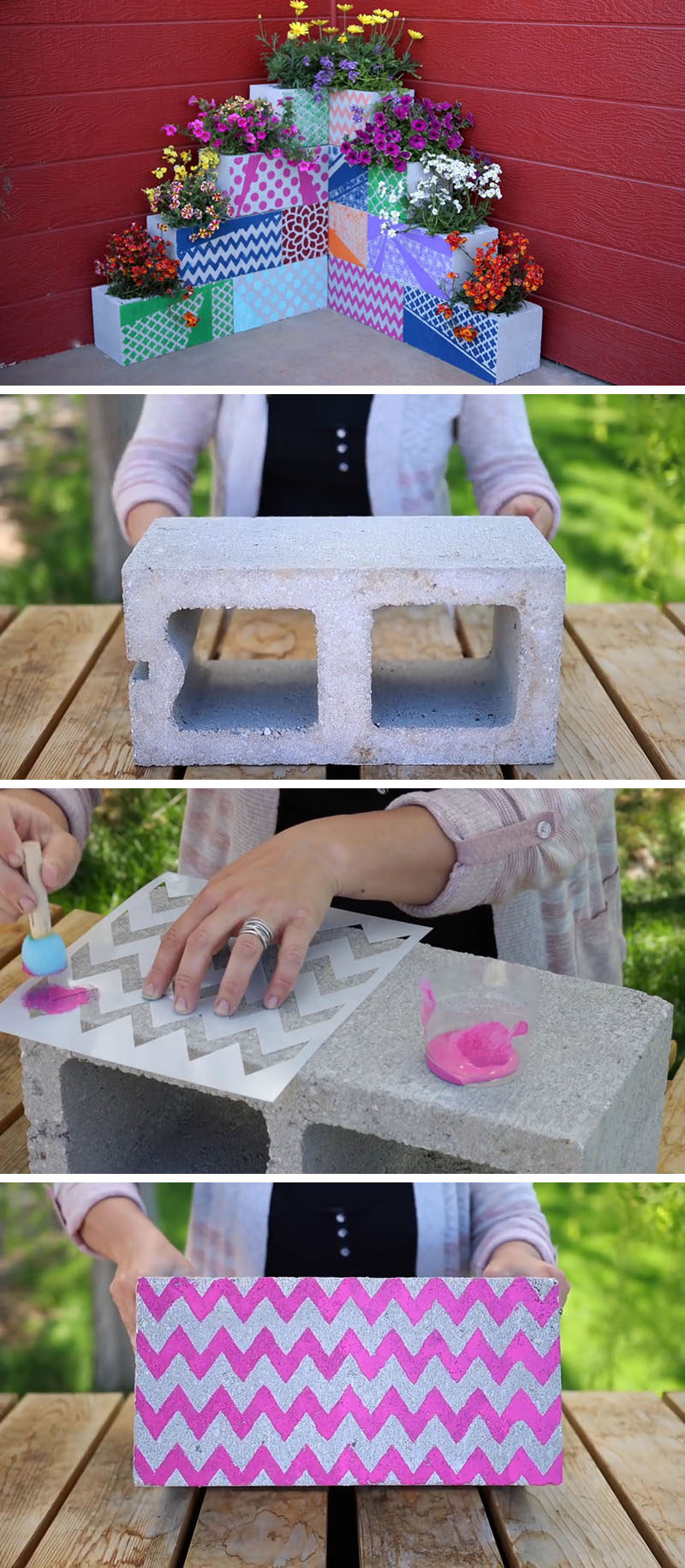Make your own inexpensive, colorful, modern and fully customizable DIY outdoor planter perfect for succulents, using cinder blocks, stencils, paint and plants.