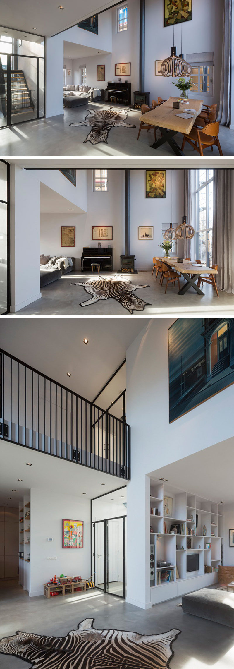 Inside this modern house, the dining room and living room have an open floor plan, with the dining area defined by the double height ceiling that measures in at 20ft (6m) tall.