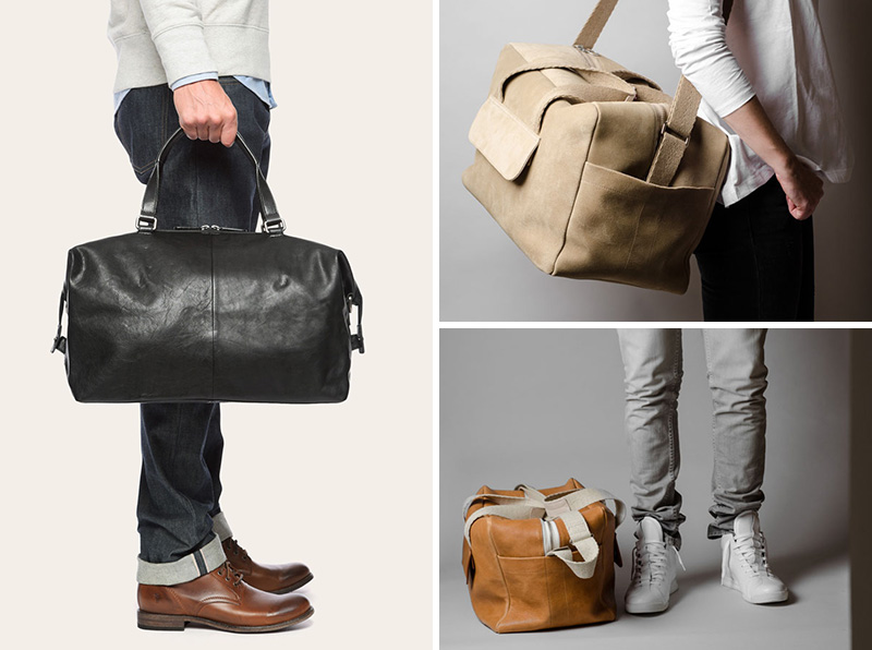 These modern leather and canvas duffel bags are perfect for a weekend get away. 