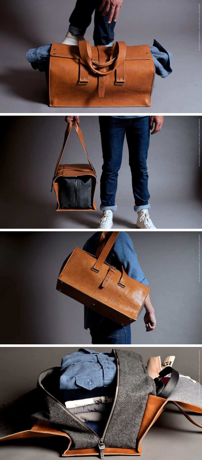 This modern light brown duffel bag protects your clothes in more ways than one - a felt interior zips up to keep your clothes all organised and a leather exterior wraps around the outside to give you more storage and additional protection for your clothes inside.
