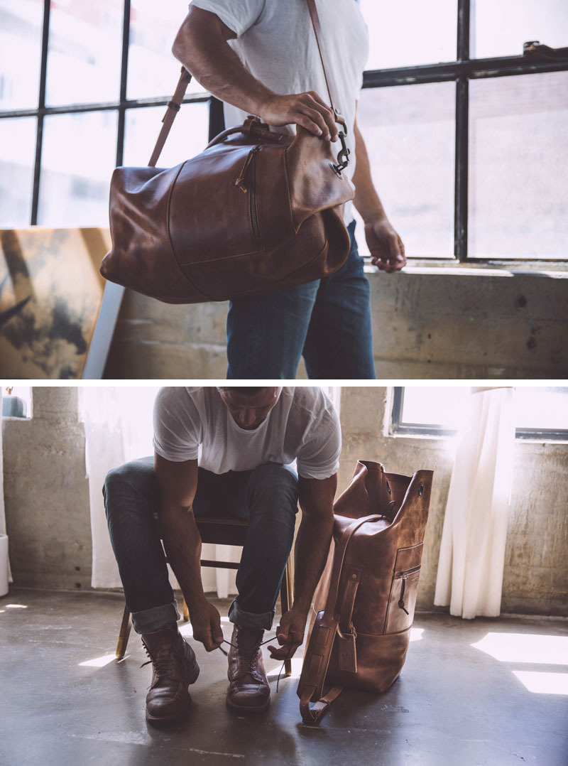 A modern spin on the old school military bags, this brown leather duffel bag will keep your things safe and keep your style on trend.