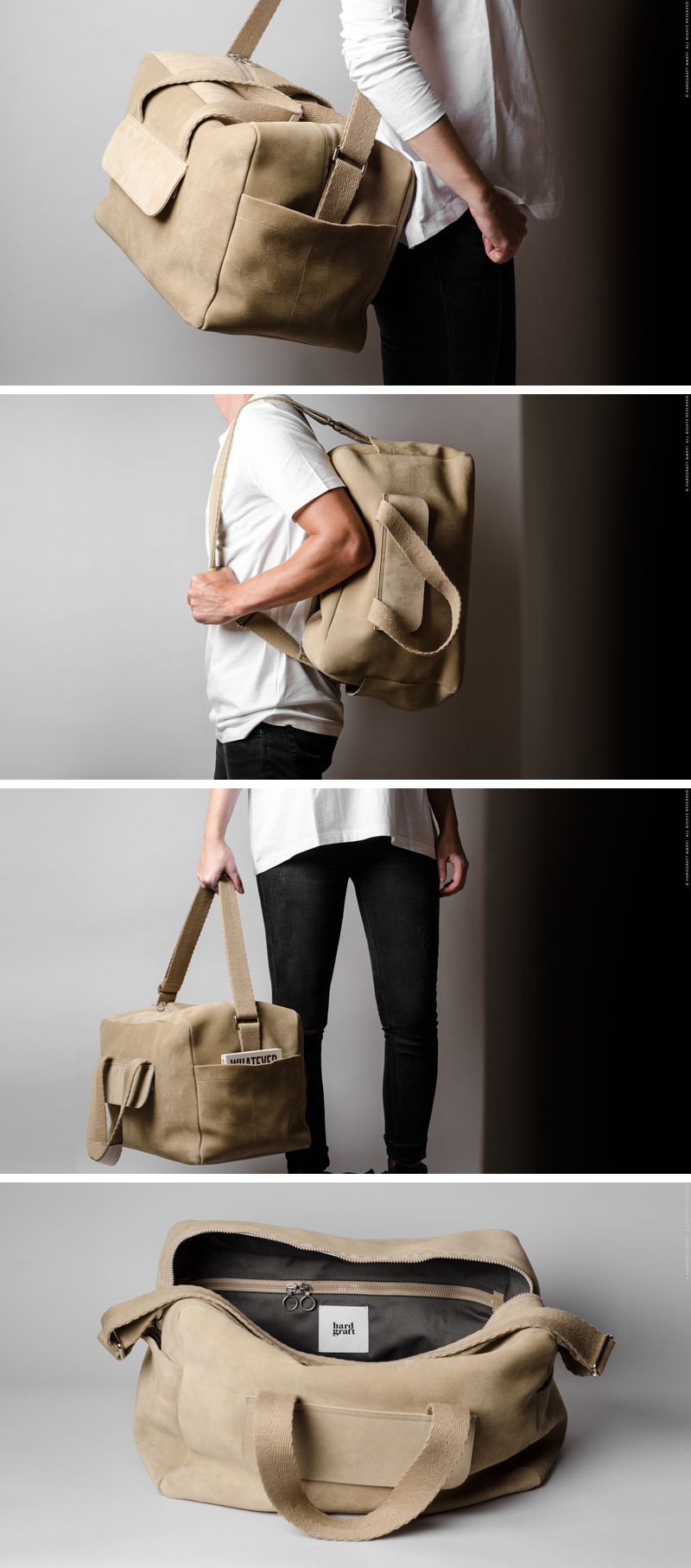 This modern, sturdy light colored suede duffel bag has lots of storage to make sure nothing has to be left behind.