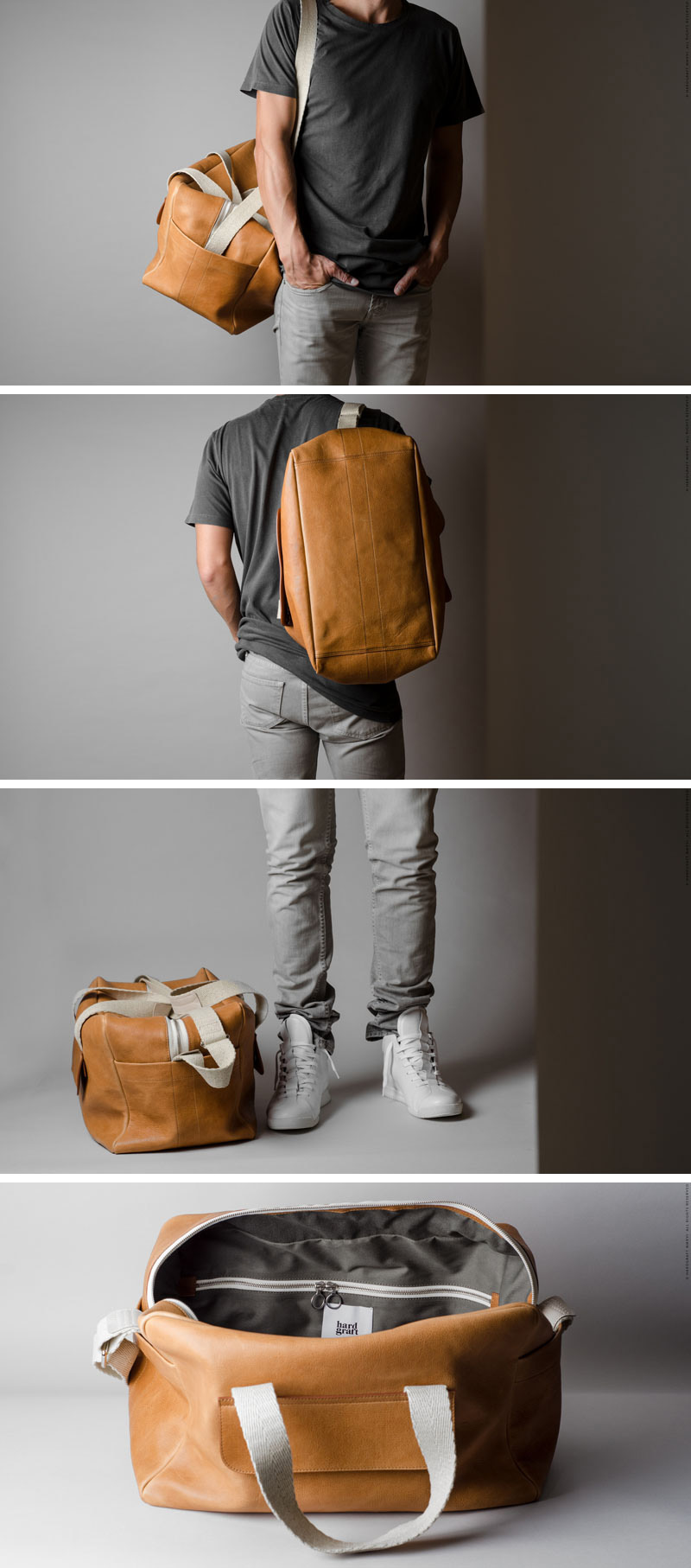 This modern, light tan leather duffel bag, adds a bit of color to your travels while still keeping things neutral and practical.