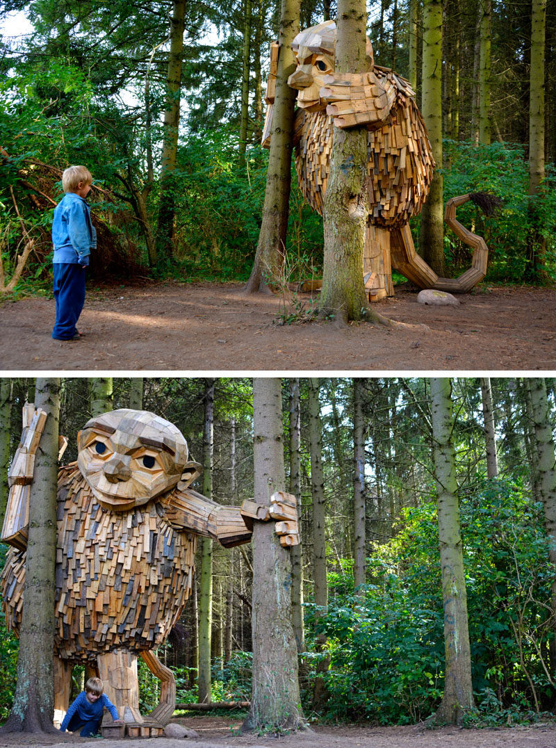 Hidden in the forest on the outskirts of Copenhagen, Denmark, are six large recycled wood giants by artist Thomas Dambo, that can be found via a treasure map.