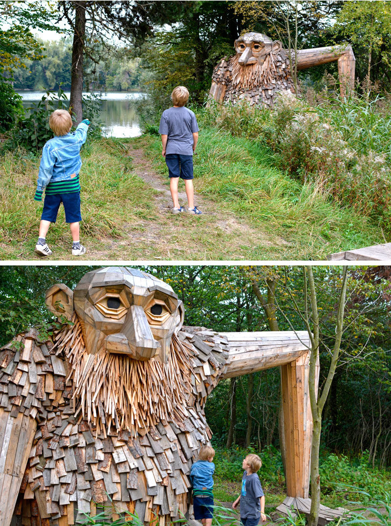 В лесу на окраине Копенгагена, Дания, спрятаны шесть больших переработанных деревянных гигантов художника Томаса Дамбо, которые можно найти с помощью карты сокровищ.