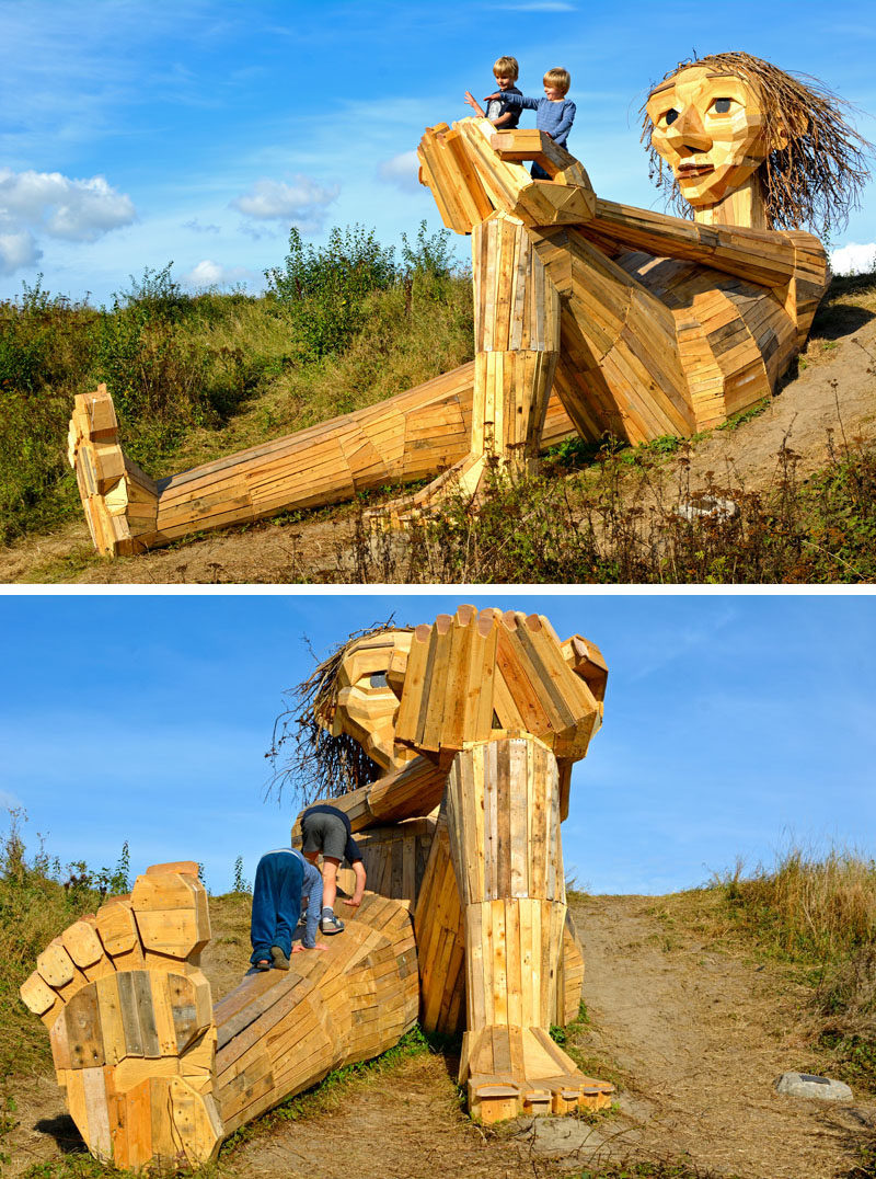 Hidden in the forest on the outskirts of Copenhagen, Denmark, are six large recycled wood giants by artist Thomas Dambo, that can be found via a treasure map.