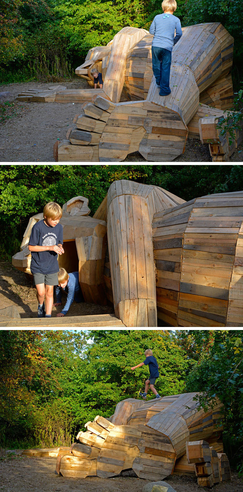 Hidden in the forest on the outskirts of Copenhagen, Denmark, are six large recycled wood giants by artist Thomas Dambo, that can be found via a treasure map.