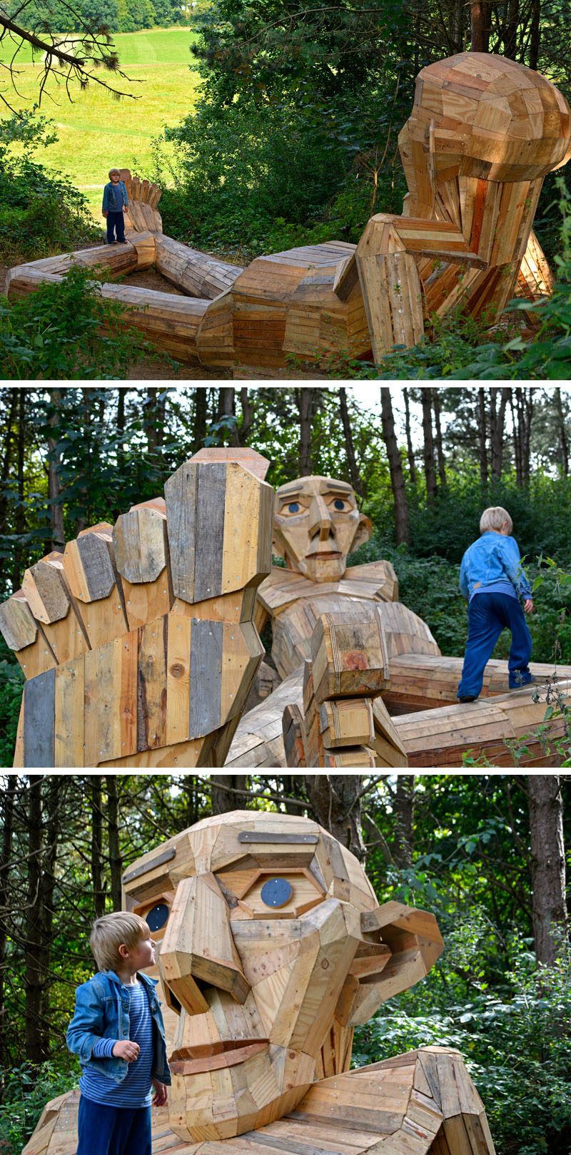 Hidden in the forest on the outskirts of Copenhagen, Denmark, are six large recycled wood giants by artist Thomas Dambo, that can be found via a treasure map.