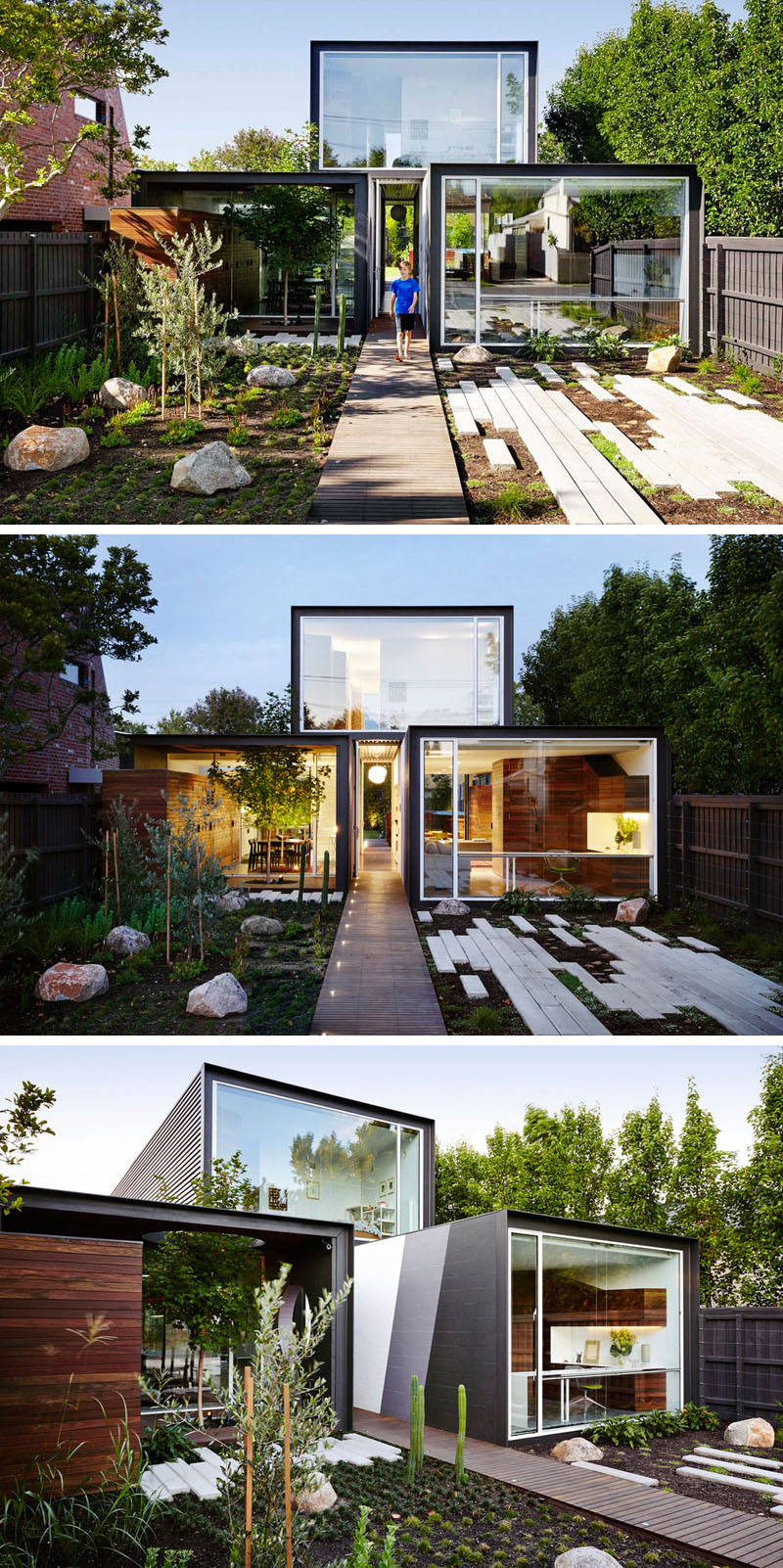 A modern wood walkway leads straight through the home and into the backyard. 