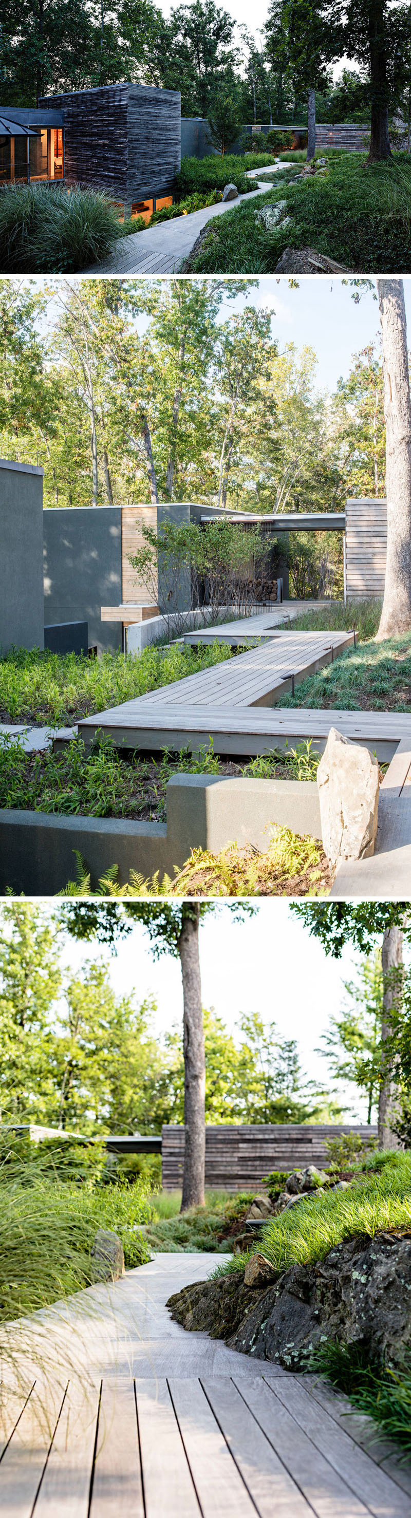  A modern elevated wood walkway leads through the yard connecting various parts of the home together without impacting the landscape.