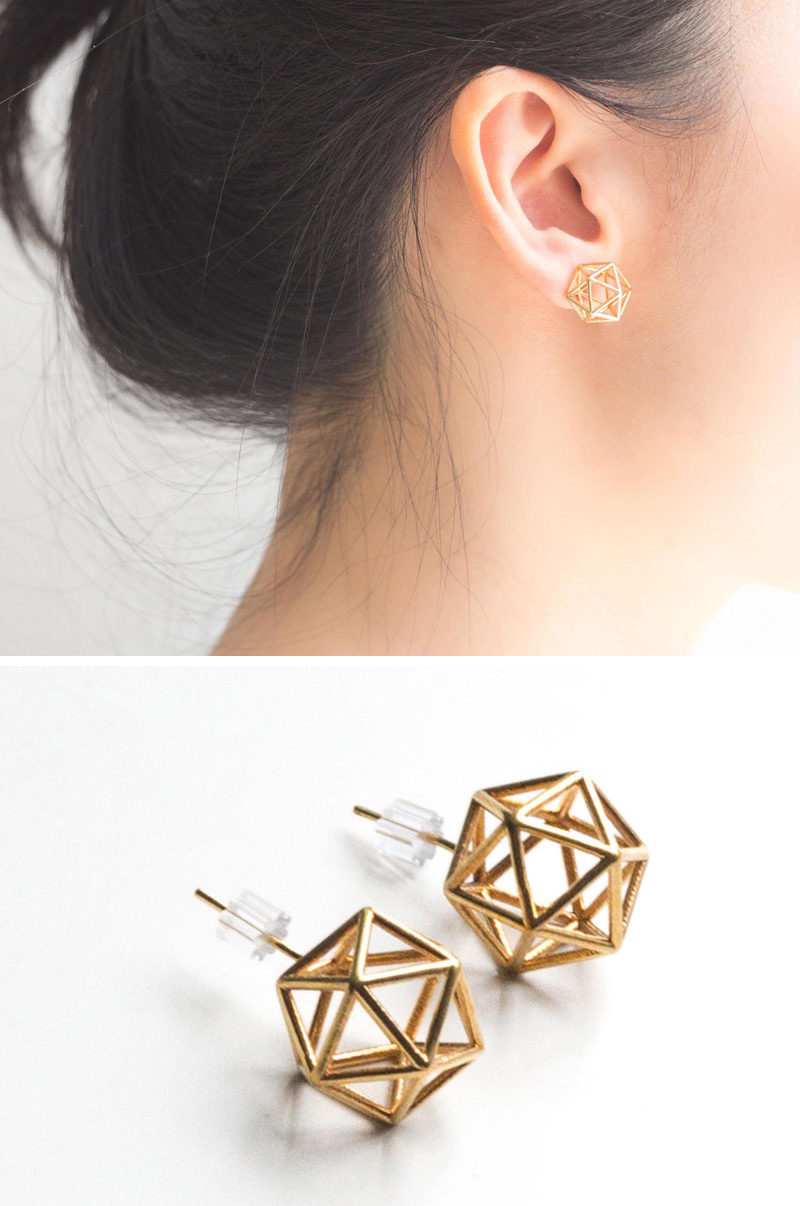 These icosahedron studs are made of 20 perfect triangular faces making each earring symmetrical, geometrically correct, and stylish. #ModernJewelry #Fashion #Style