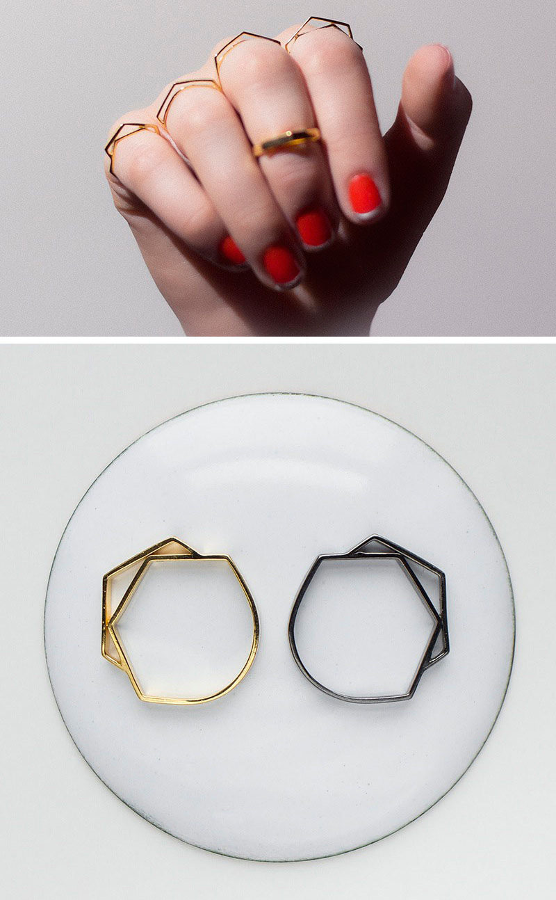 Delicate and geometric, these rings can be worn on the same hand at the same time, or stacked for a unique arrangement. #ModernJewelry #Fashion #Style