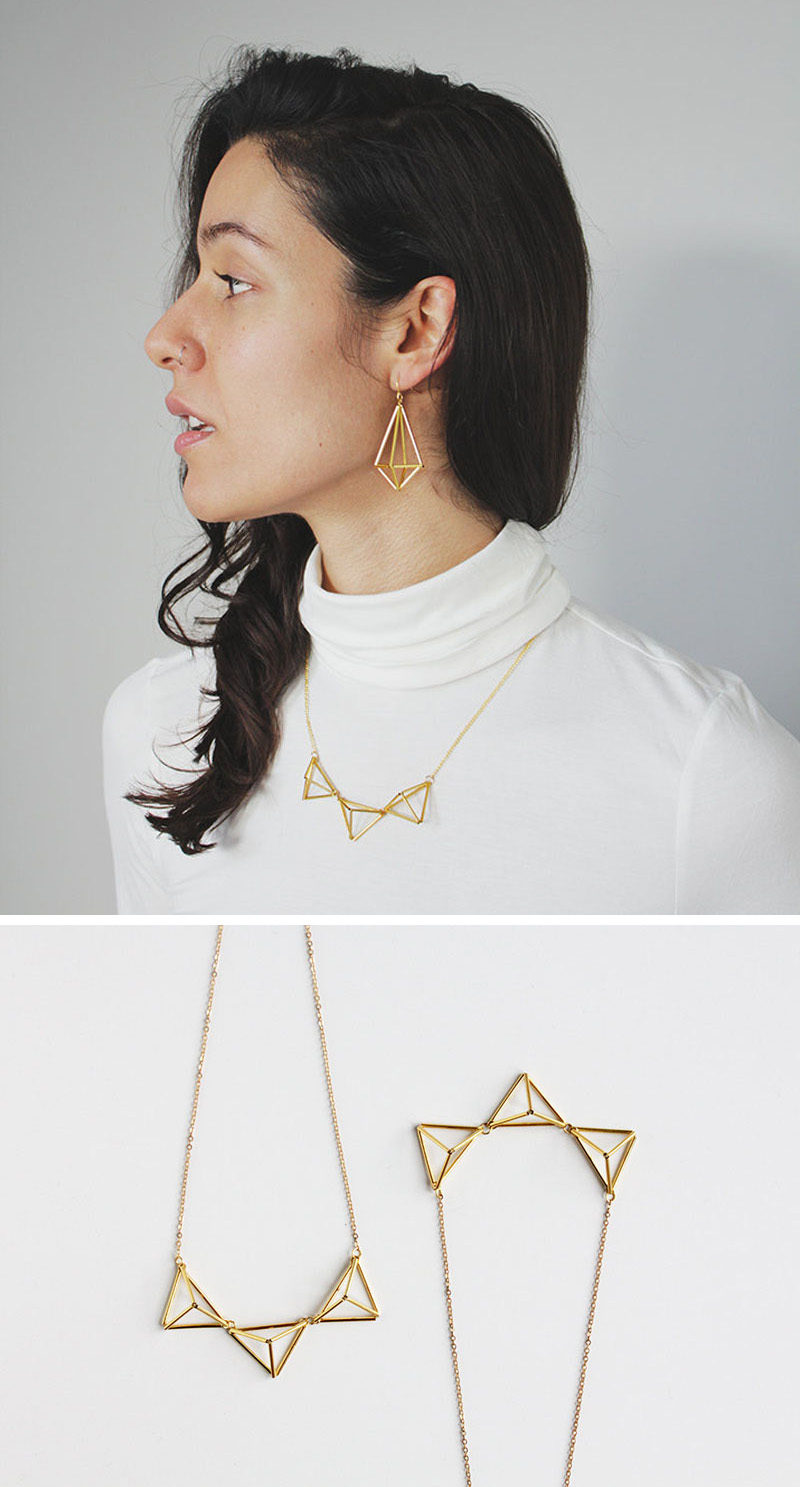 Traditional himmelis inspired this geometric necklace that looks great paired with other himmeli-inspired jewelry or on it's own. #ModernJewelry #Fashion #Style