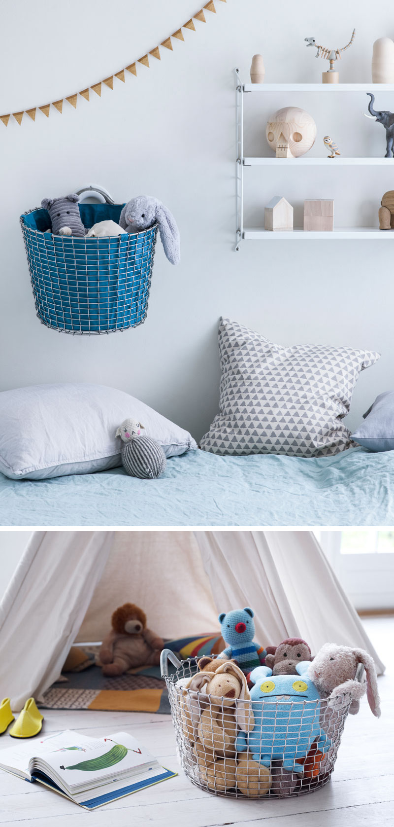 These modern handwoven wire baskets are great for storing toys in a child's playroom.