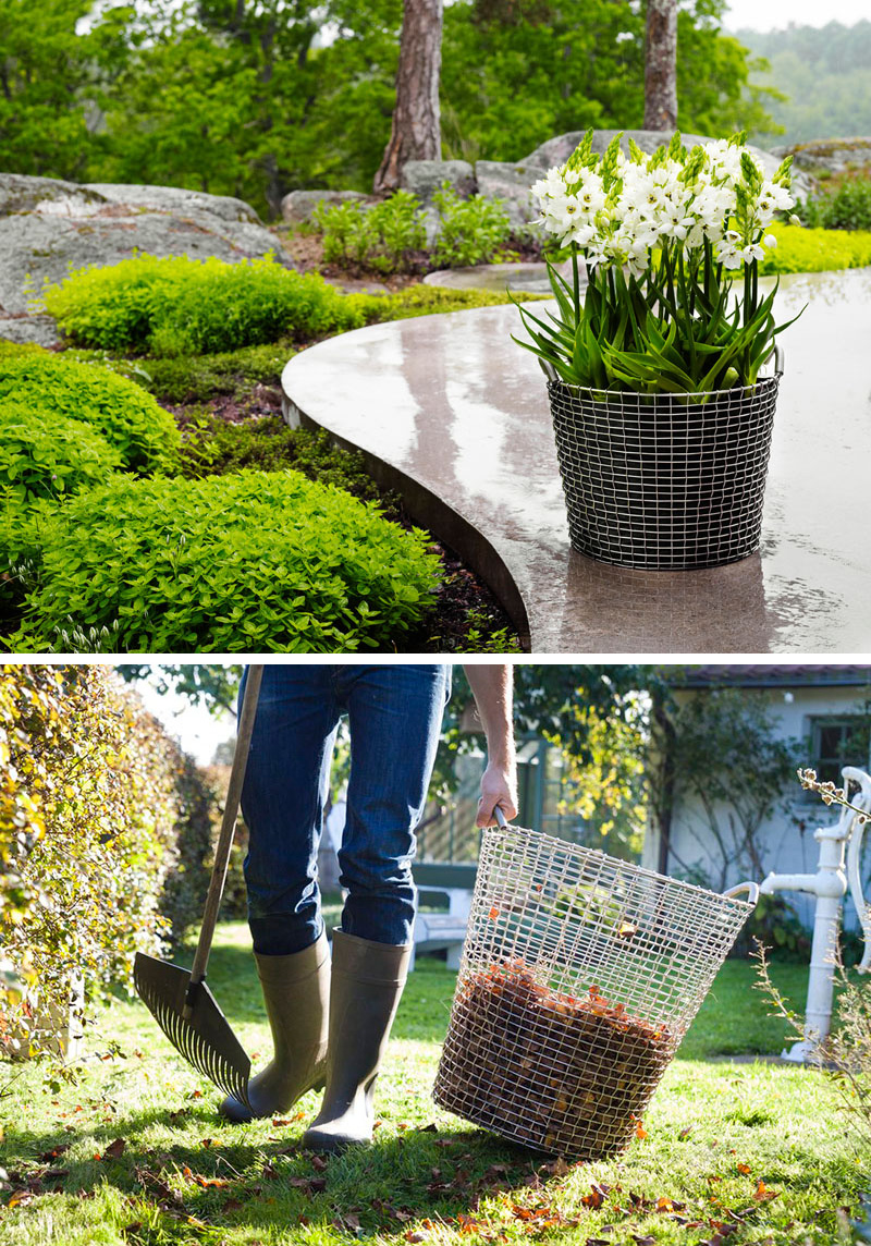 These hand woven modern wire baskets are sturdy enough to be used as planters and for yard work.