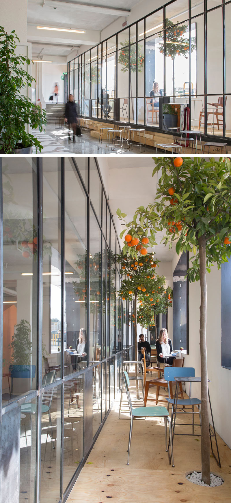 This short stay hotel in Naples, Italy, has an elevated platform at the front of the hotel provides guests with a bright spot to sit with their laptops, books, or snacks, and has large windows that help brighten up the space.