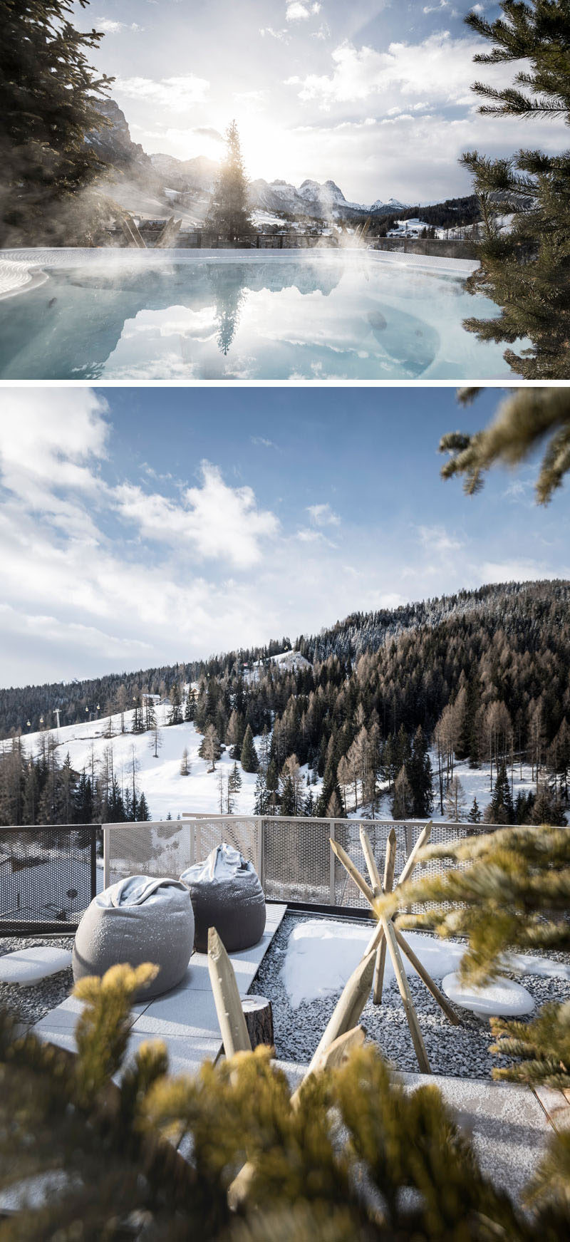 This modern hotel in Italy has a hot tub surrounded with small pine trees, creating the effect of being on the mountain top while still in the pool.