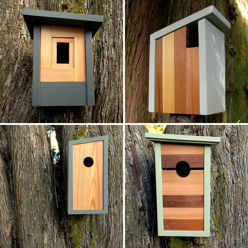 These modern wood birdhouses were inspired by craftsman architecture.