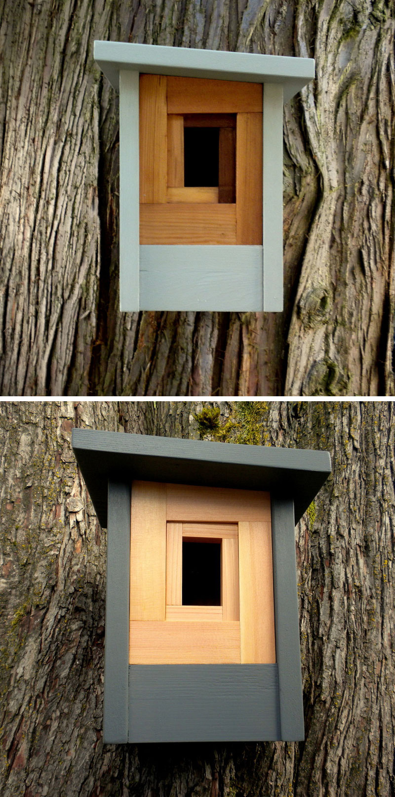 These light blue and grey wood modern birdhouses were inspired by craftsman architecture and a shutter lens. 