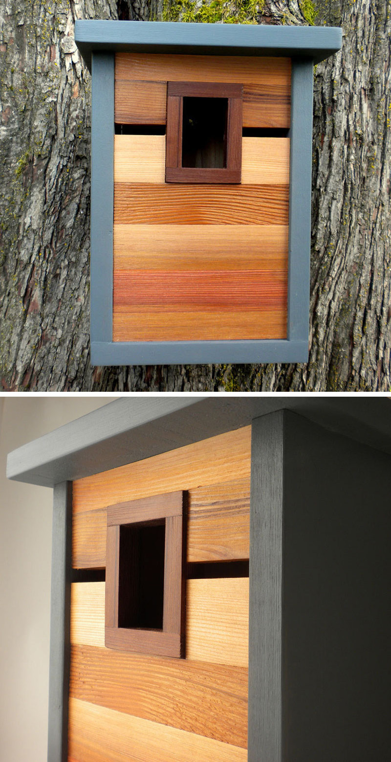 This grey, light and dark wood modern birdhouse is inspired by craftsman architecture. 