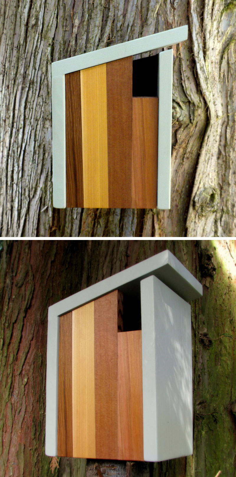 This light and dark wood birdhouse is inspired by craftsman architecture. 