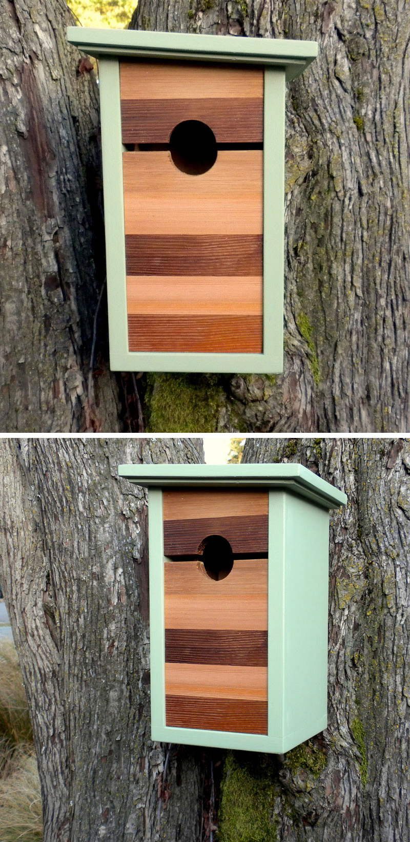 This blue, light and dark wood birdhouse is inspired by craftsman architecture.