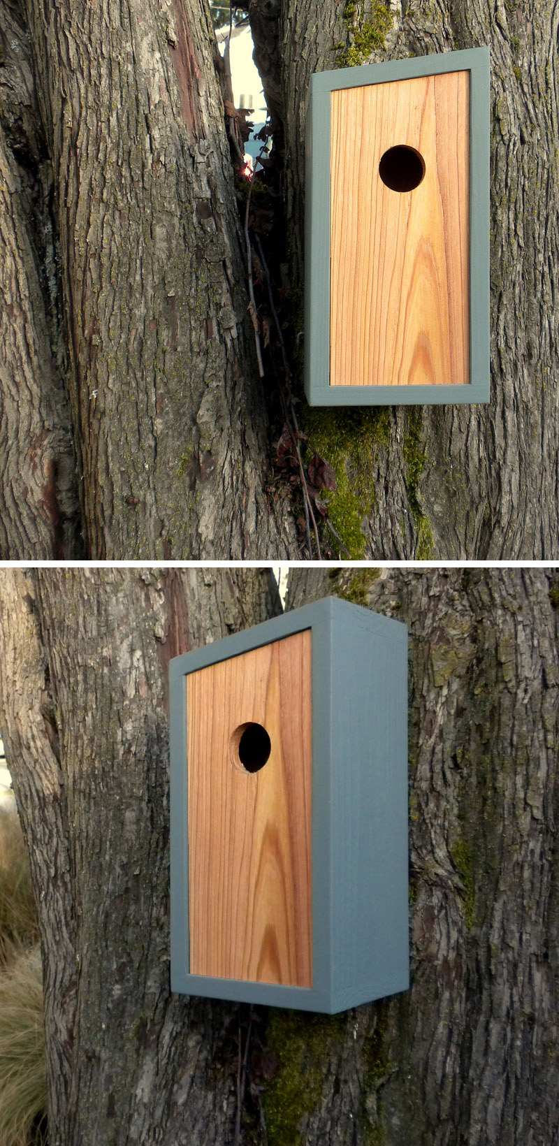 This grey and light wood birdhouse has a minimalist design.