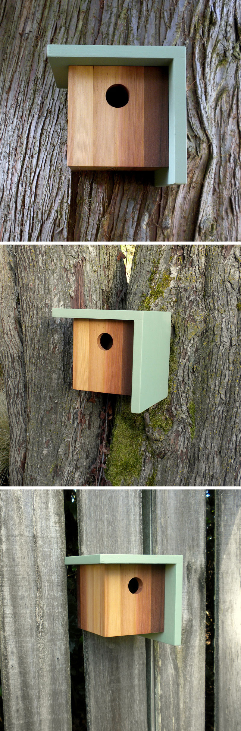 This blue, light and dark wood birdhouse is inspired by craftsman architecture. 