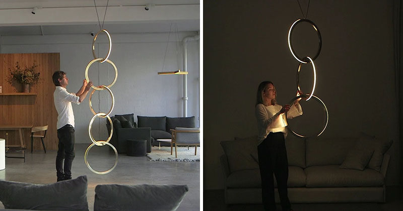 Resident Studio have designed Circus, an elegant and modern vertical pendant light collection. The length of the light can vary as the lighting system can have two to six interconnected brass rings that use embedded LED lights, and a plug and play system to produce warm light.