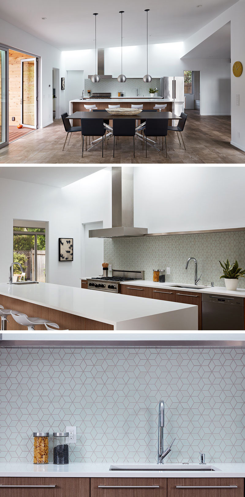 Inside this renovated house, the kitchen and dining area are separated by a large white and wood island that has a prep sink, which matches the white countertops and wood cabinetry. Light blue, geometric tiles have been used as a backsplash for a light touch of color.