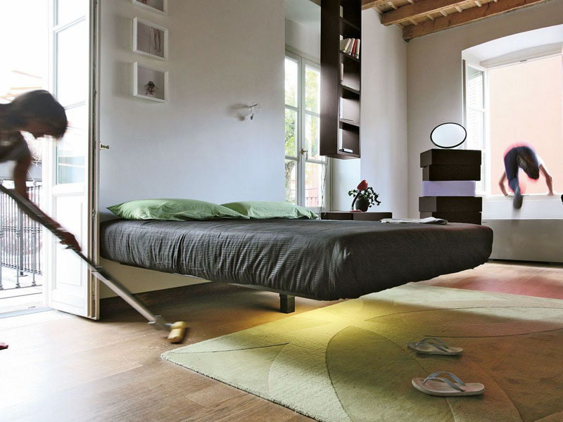 Supported by a meticulously designed single beam in the middle of it and secured to the wall by means of one of three headboard options, the Fluttua bed designed by Daniele Lago, appears to float effortlessly above the ground.